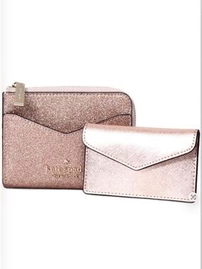 Kate Spade Tinsel Glitter Small Card Holder 2 Piece Set Rose Gold Retails $189